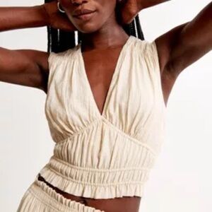 Abercrombie & Fitch Tan Smocked Puff Sleeve Blouse